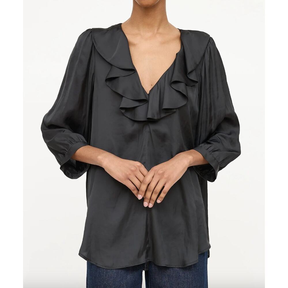 SMYTHE Black Ruffle V-Neck Blouse | Long Sleeve Workwear Top | Size M